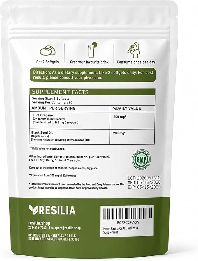 Resilia Oil of Oregano with Black Seed Oil 6000mg, 180 Softgels