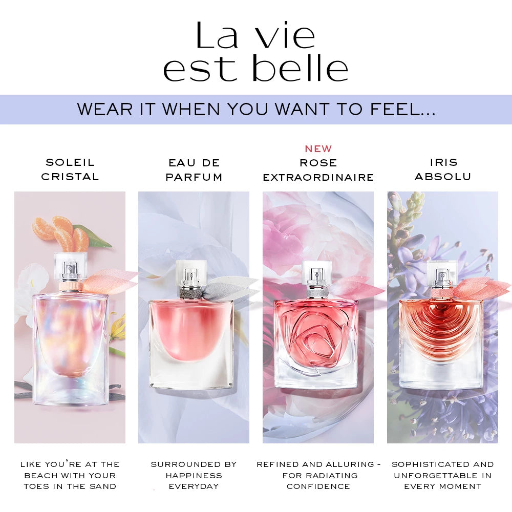 Mood board showing how each La Vie Est Belle fragrance feels to wear - happy, confident, unforgettable - paired with lifestyle imagery.