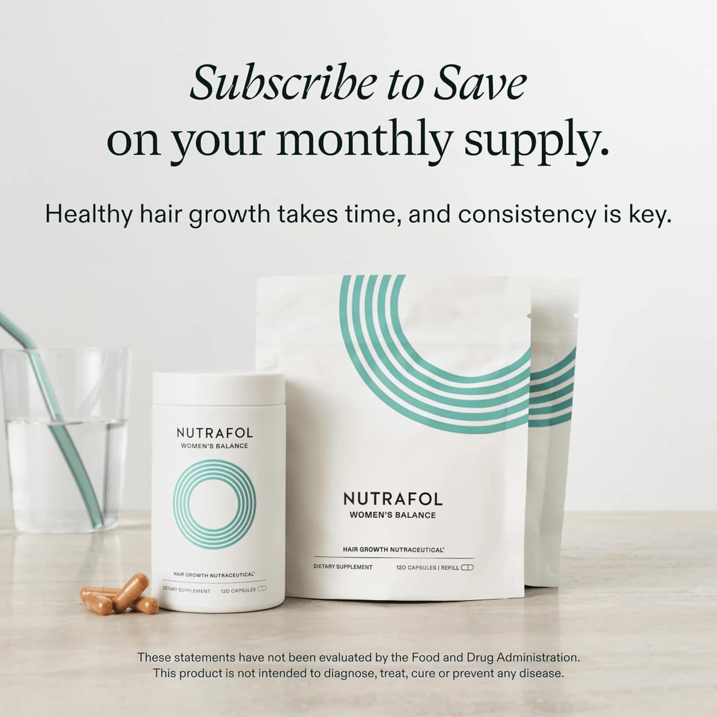 Nutrafol hair growth supplement with packaging and text about subscription savings.