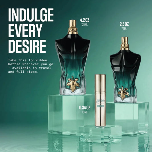 A perfume bottle displayed on a clear acrylic pedestal against a teal gradient background. The bottle has a sculpted hourglass shape with a dark black upper section, a deep green-to-teal gradient lower section, and a gold cap.