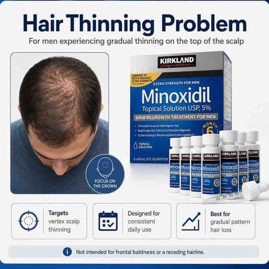 Kirkland Minoxidil hair regrowth treatment packaging for men with a man looking at his receding hairline.