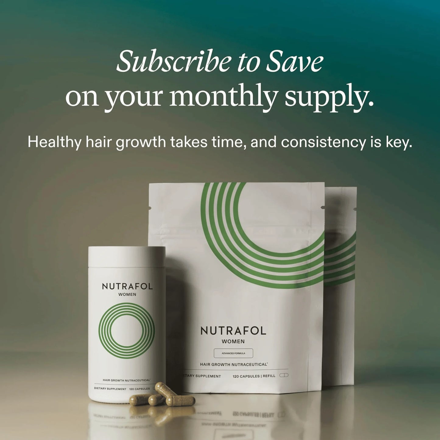 Nutrafol Women hair supplement packaging shown on a reflective surface with a dark teal gradient background and promotional text reading 'Subscribe to Save on your monthly supply.' The products include a white cylindrical bottle, a larger white pouch, and loose capsules.
