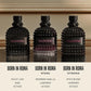 Three Valentino perfume bottles labeled Born in Roma Intense and Born in Roma Extradose, shown on a reflective surface with a beige background and text labels below.