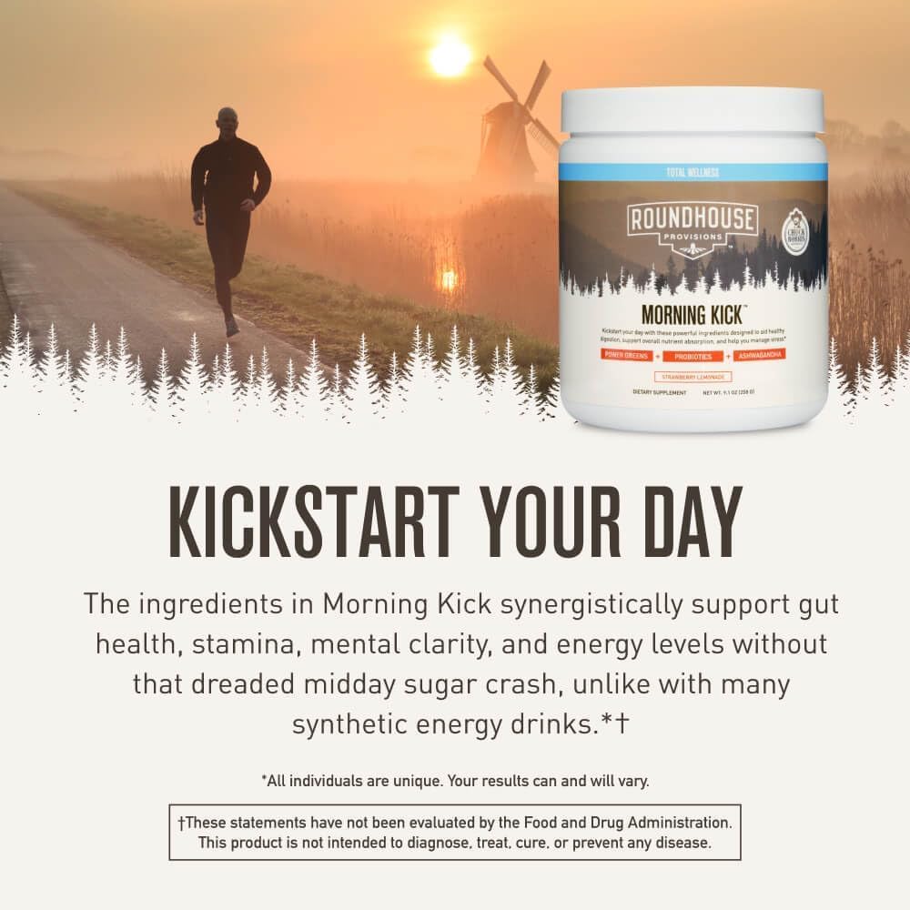 Roundhouse Provisions Morning Kick Greens Powder with Probiotics, Strawberry Lemonade 9.1 oz
