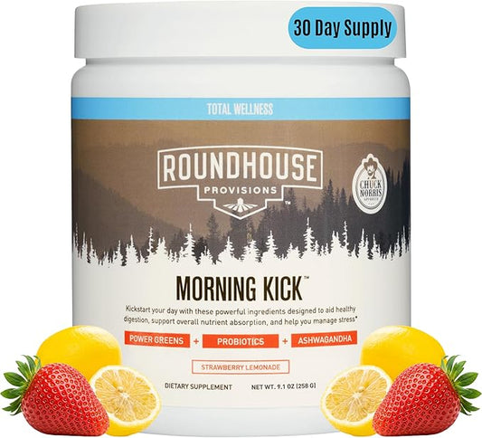 Roundhouse Provisions Morning Kick Greens Powder with Probiotics, Strawberry Lemonade 9.1 oz