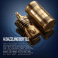 A metallic gold perfume bottle with a sculpted male torso design, set against a dark blue background with text overlays.