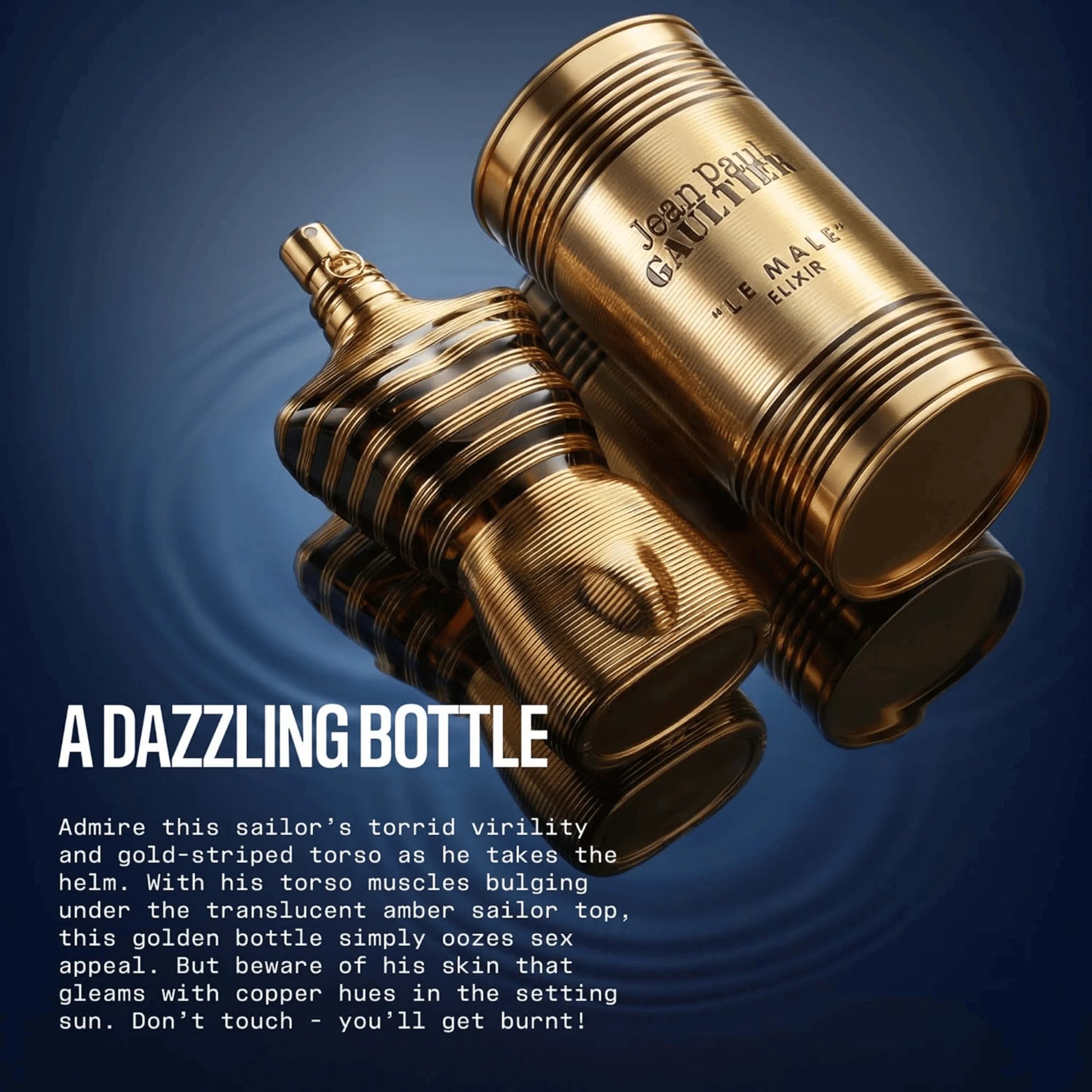 A metallic gold perfume bottle with a sculpted male torso design, set against a dark blue background with text overlays.