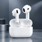 White wireless earbuds in an open charging case on a dark gray reflective surface, with a blurred modern background.