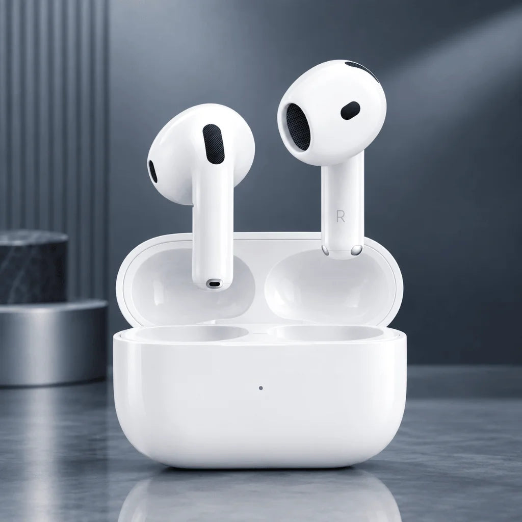 White wireless earbuds in an open charging case on a dark gray reflective surface, with a blurred modern background.