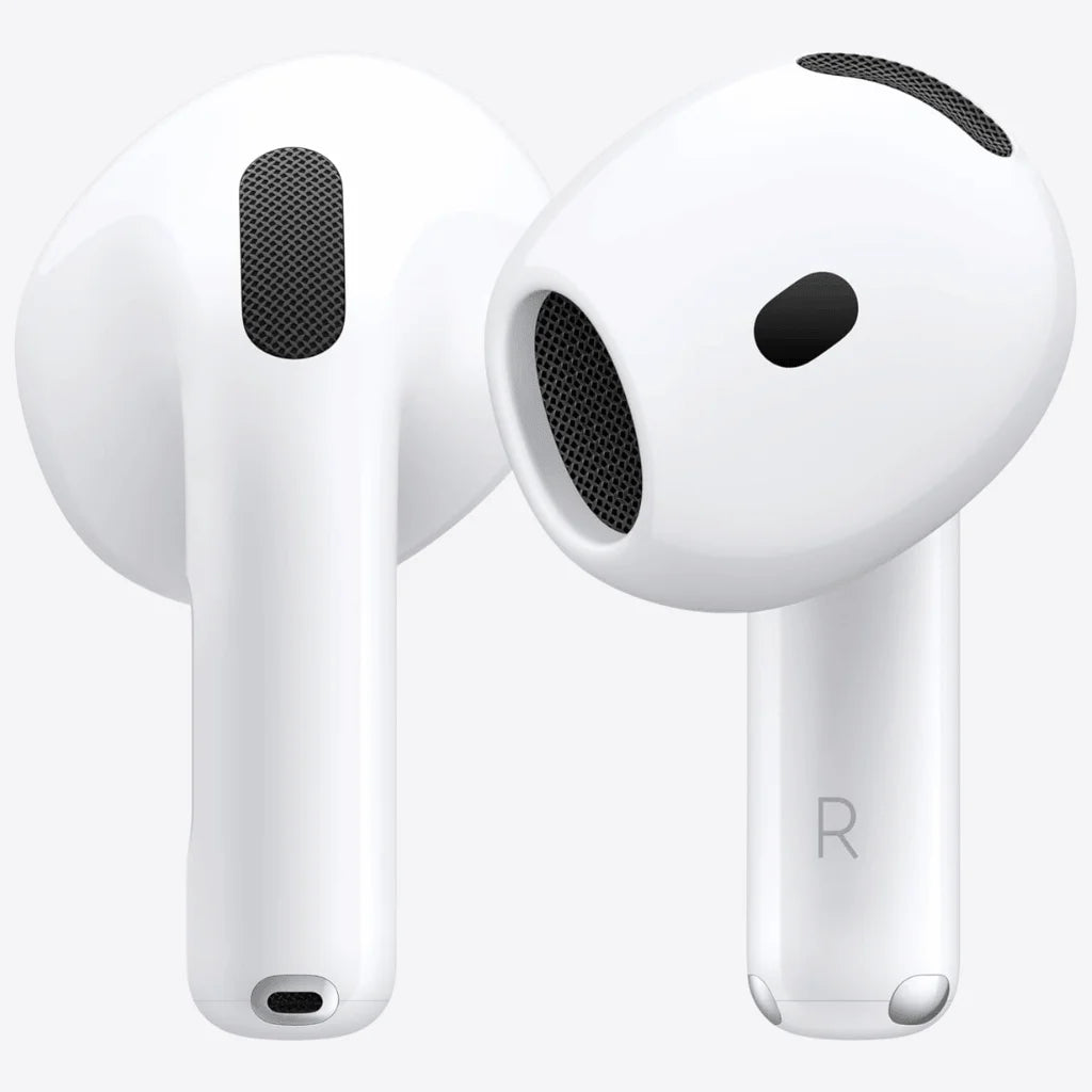 Two white wireless earbuds with black speaker grilles, shown on a clean white background. One earbud is facing forward and the other is angled to show the side with an 'R' marking.