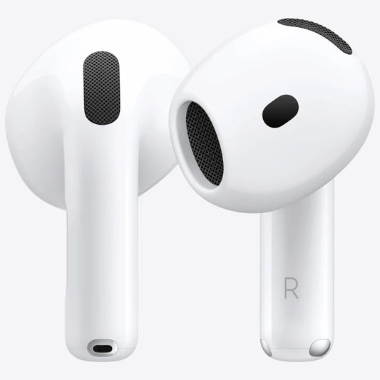Two white wireless earbuds with black speaker grilles, shown on a clean white background. One earbud is facing forward and the other is angled to show the side with an 'R' marking.