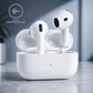 White wireless earbuds in an open charging case on a marble surface with a soft gray-blue background. A small graphic in the upper left says 'ACTIVE NOISE CANCELLATION'.