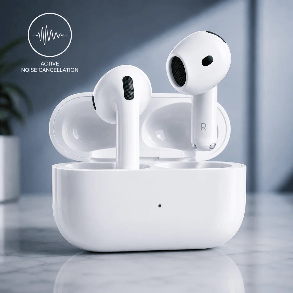 White wireless earbuds in an open charging case on a marble surface with a soft gray-blue background. A small graphic in the upper left says 'ACTIVE NOISE CANCELLATION'.