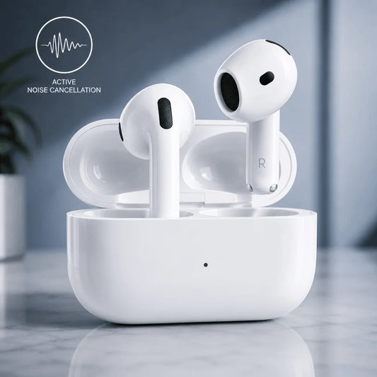 White wireless earbuds in an open charging case on a marble surface with a soft gray-blue background. A small graphic in the upper left says 'ACTIVE NOISE CANCELLATION'.