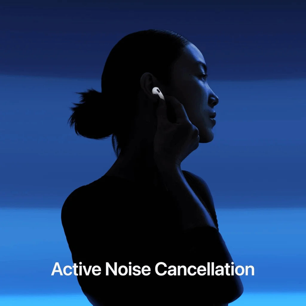 Person wearing earbuds with a blue gradient background and text 'Réduction active du bruit'.
