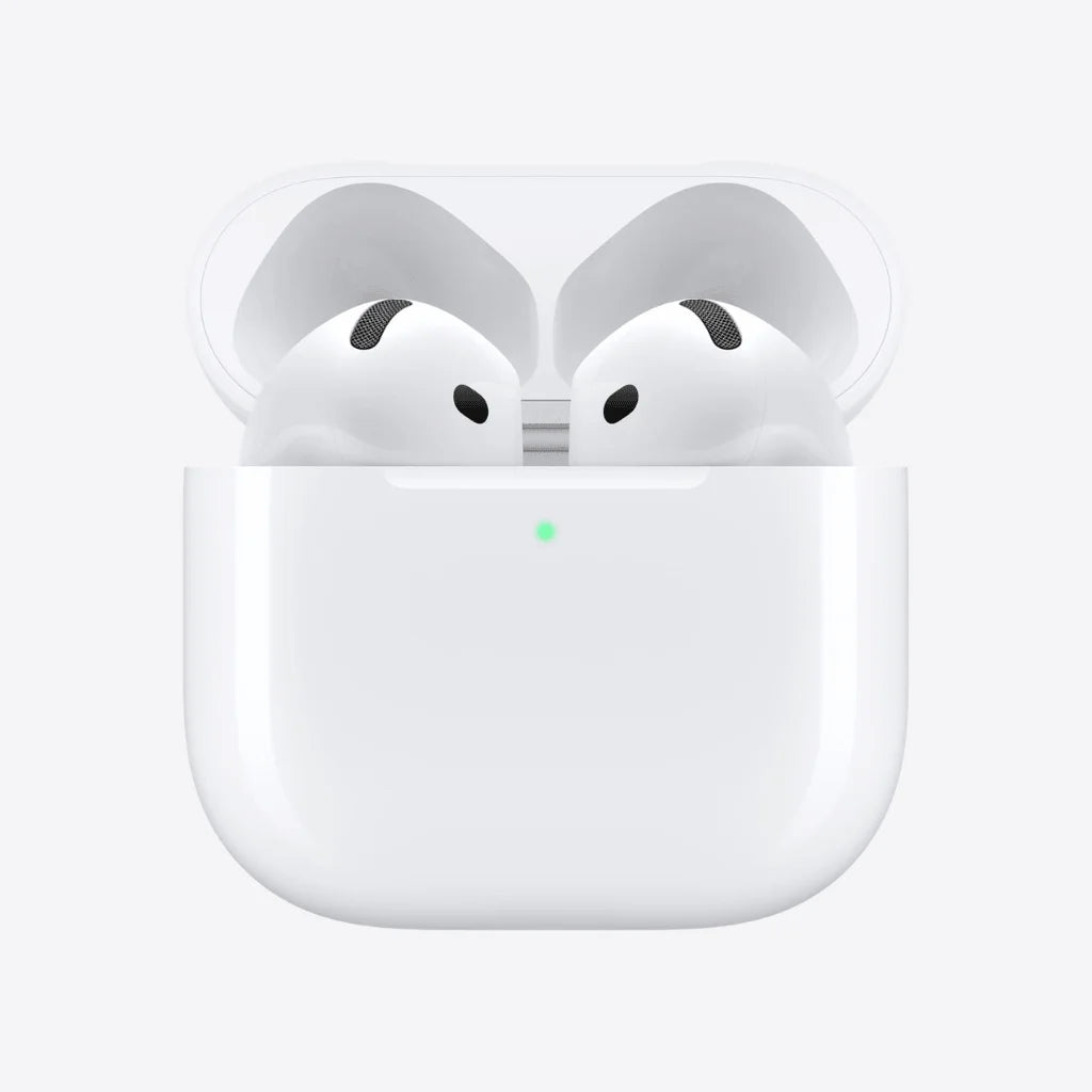 White wireless earbuds in an open charging case on a light gray background.