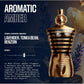 Aromatic Amber fragrance bottle in a metallic gold gradient finish, displayed on a dark background with lavender sprigs and text detailing the scent notes: Lavender, Tonka Bean, and Benzoin.