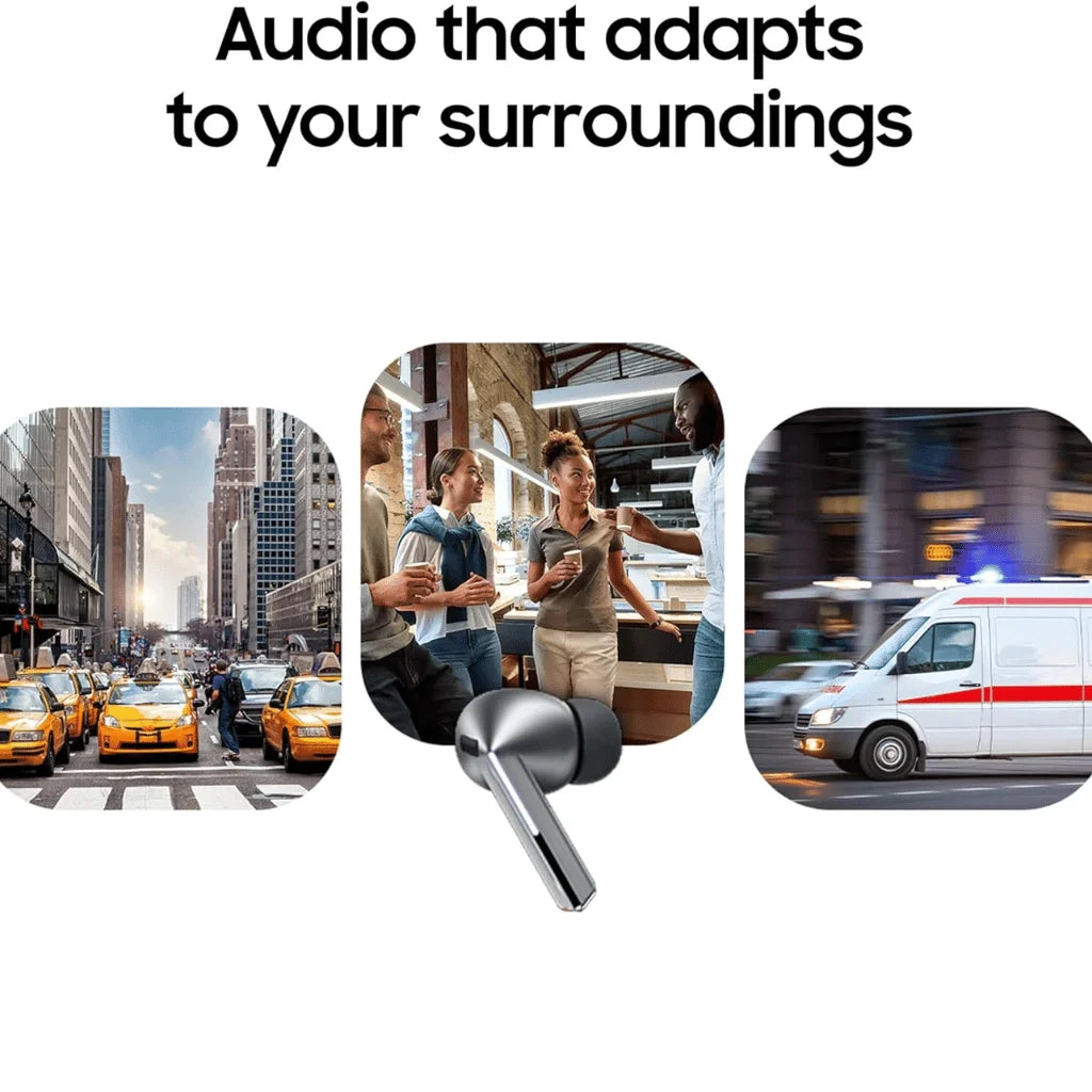 A pair of wireless earbuds is centered on a white background with the headline 'Audio that adapts to your surroundings' above it. Three inset lifestyle photos show city traffic, people in a store, and an ambulance, illustrating adaptive audio use cases.
