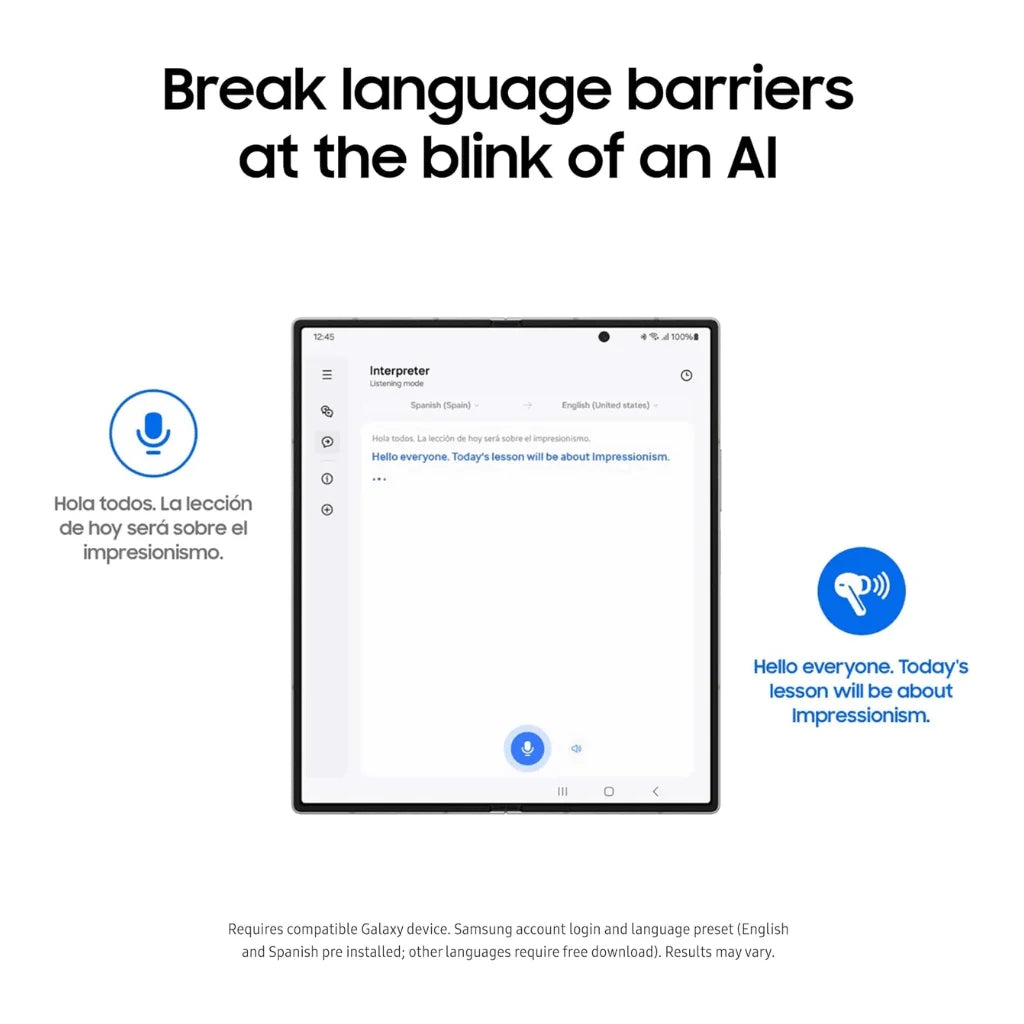 Promotional graphic for a smart speaker or voice assistant showing a tablet screen with an interpreter app interface in Spanish and English. Large headline reads 'Break language barriers at the blink of an AI,' with Spanish and English callouts around the tablet on a white background.