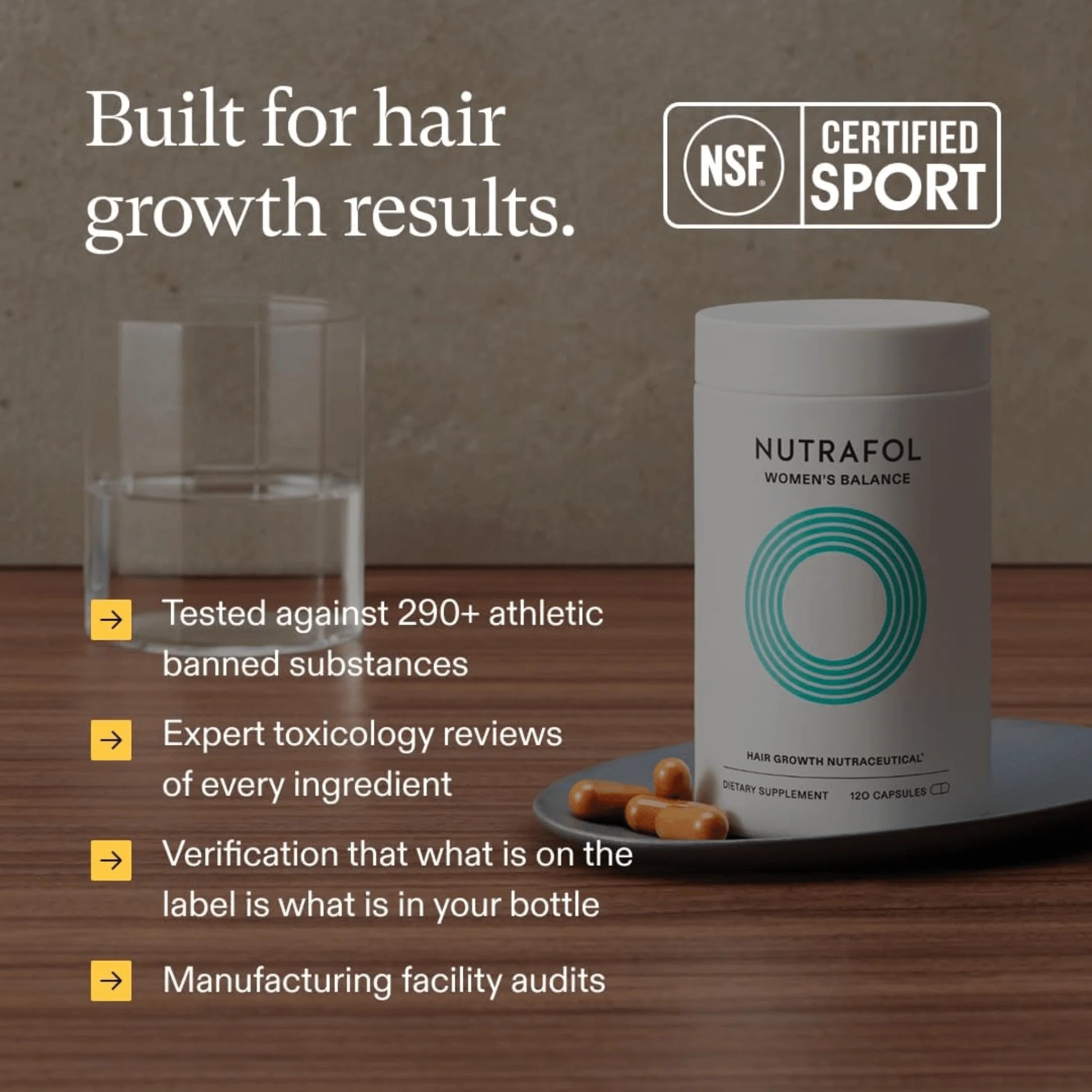 Nutrafol supplement container with water glass on a wooden surface, NSF Certified Sport logo visible.