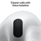 Close-up of a white earbud with a black mesh speaker grille and the text 'Clearer calls with Voice Isolation' above it.