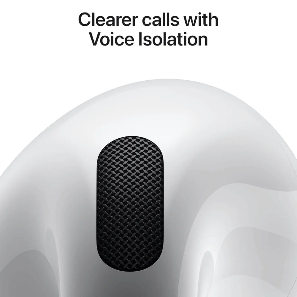 Close-up of a white earbud with a black mesh speaker grille and the text 'Clearer calls with Voice Isolation' above it.