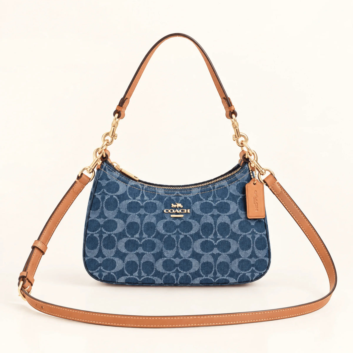 Coach Teri Shoulder Bag CAF82 in Blue Signature Denim with Vachetta Leather