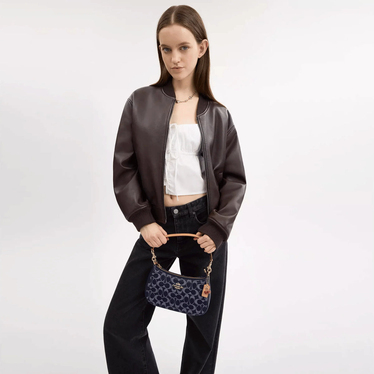 Coach Teri Shoulder Bag CAF82 in Blue Signature Denim with Vachetta Leather