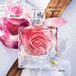 Fragrance notes for La Vie Est Belle Rose Extraordinaire shown with fresh rose petals, highlighting Rose, Iris, and Woody Musk.