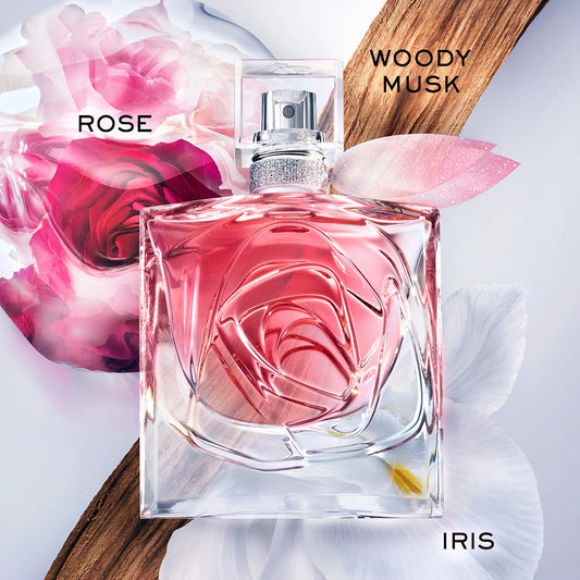 Fragrance notes for La Vie Est Belle Rose Extraordinaire shown with fresh rose petals, highlighting Rose, Iris, and Woody Musk.