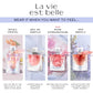 Mood board showing how each La Vie Est Belle fragrance feels to wear - happy, confident, unforgettable - paired with lifestyle imagery.