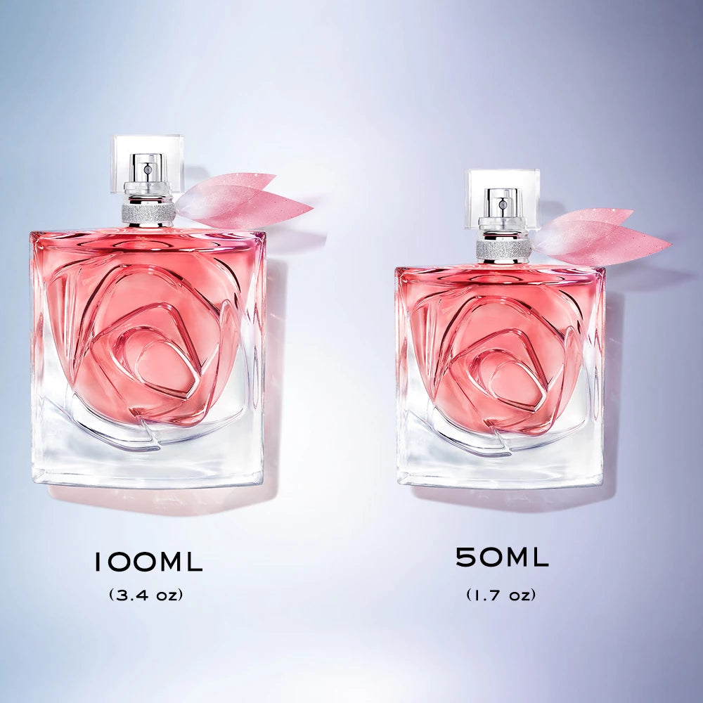 Two La Vie Est Belle Rose Extraordinaire perfume bottles, 100 mL and 50 mL, shown side by side for size comparison.