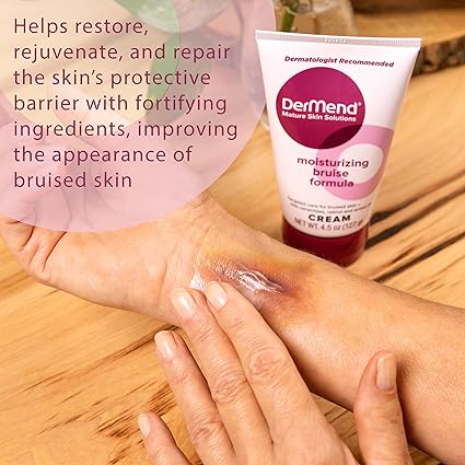 Dermend moisturizing bruise formula cream being applied to a wrist with text about its benefits.