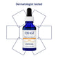 A cobalt blue glass dropper bottle of OBAGI Medical Professional-C 20% Vitamin C Serum, centered on a white background with a 'Dermatologist tested' text header and geometric outline graphics.