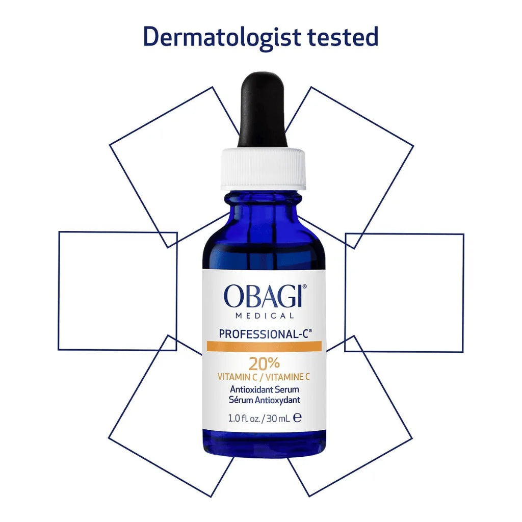 A cobalt blue glass dropper bottle of OBAGI Medical Professional-C 20% Vitamin C Serum, centered on a white background with a 'Dermatologist tested' text header and geometric outline graphics.
