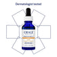 A cobalt blue glass dropper bottle of OBAGI Medical Professional-C 10% Vitamin C Antioxidant Serum, centered on a white background with a 'Dermatologist tested' text header and geometric outline graphics.