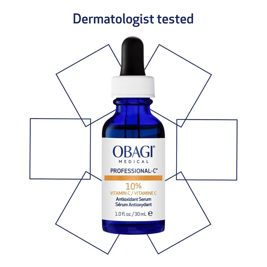 A cobalt blue glass dropper bottle of OBAGI Medical Professional-C 10% Vitamin C Antioxidant Serum, centered on a white background with a 'Dermatologist tested' text header and geometric outline graphics.