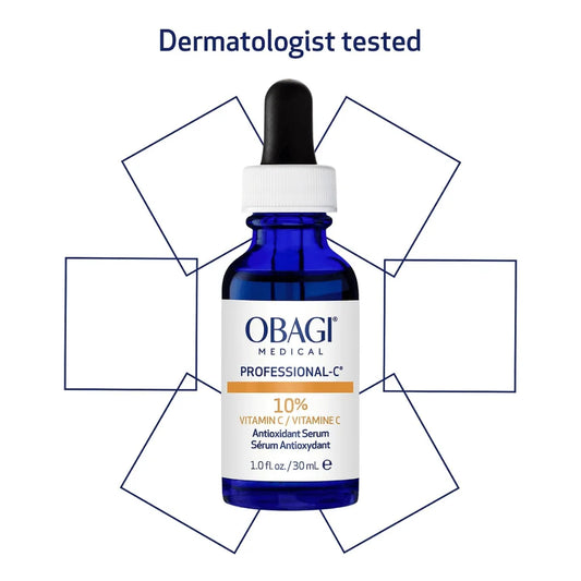 A cobalt blue glass dropper bottle of OBAGI Medical Professional-C 10% Vitamin C Antioxidant Serum, centered on a white background with a 'Dermatologist tested' text header and geometric outline graphics.