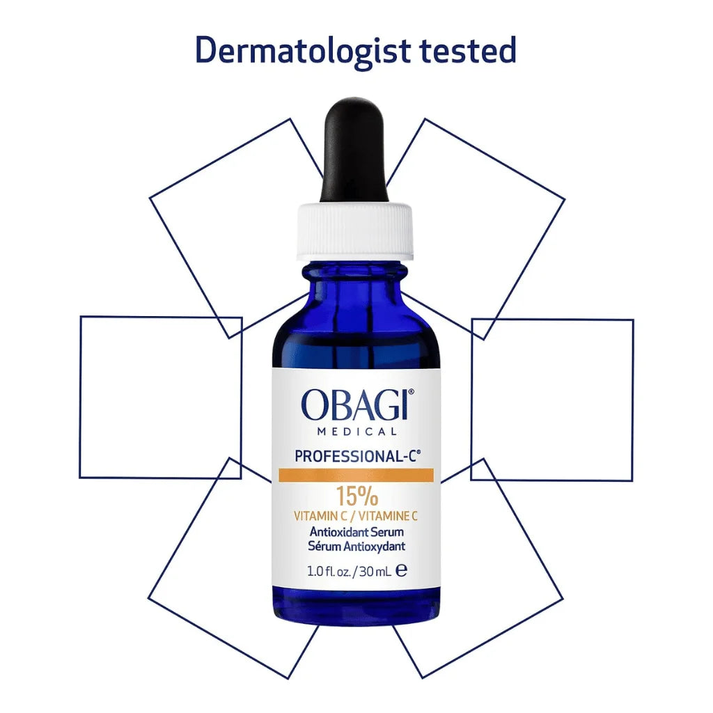 A cobalt blue glass dropper bottle of OBAGI Medical Professional-C 15% Vitamin C Serum, centered on a white background with a 'Dermatologist tested' headline and geometric outline graphics.