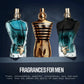 Three perfume bottles with different designs on a dark background, labeled 'Fragrances for Men'.