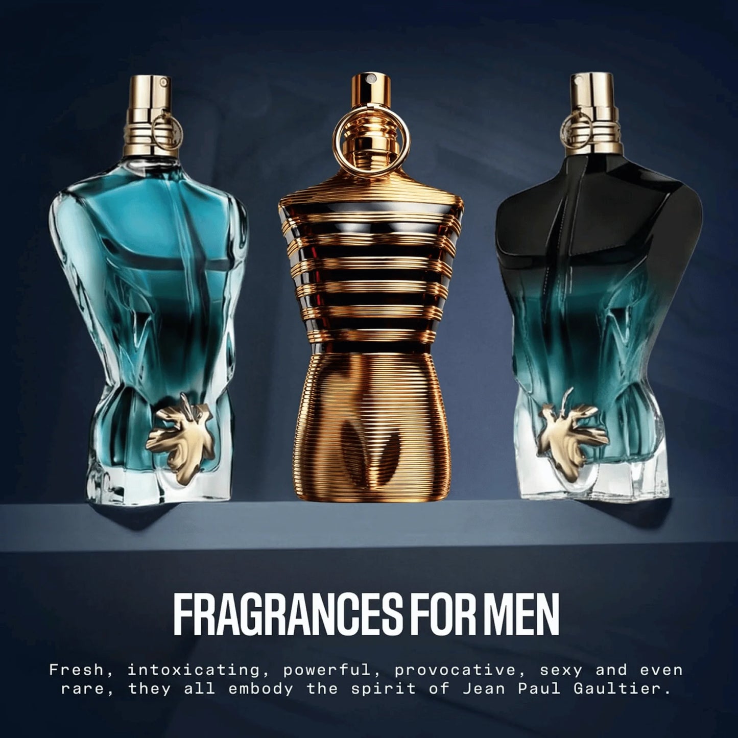 Three perfume bottles with different designs on a dark background, labeled 'Fragrances for Men'.