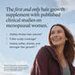 Woman with long hair against a blue sky, promoting a hair growth supplement for menopausal women.