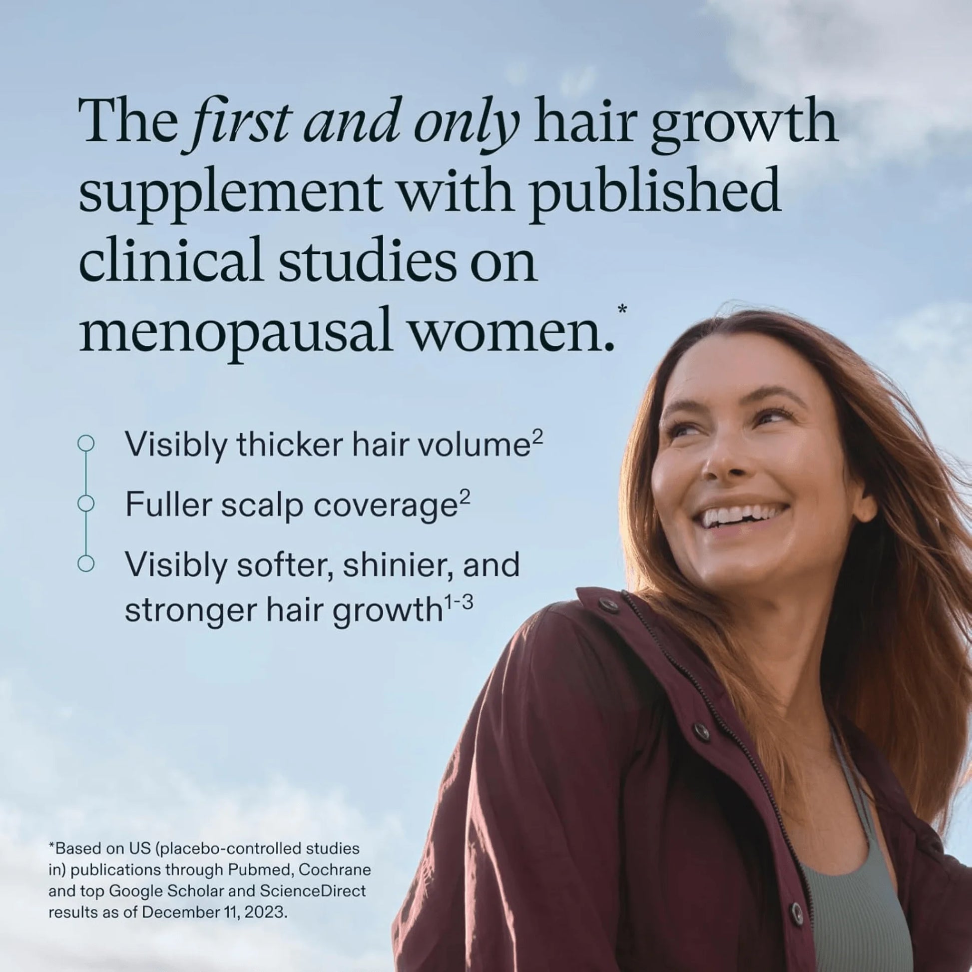 Woman with long hair against a blue sky, promoting a hair growth supplement for menopausal women.