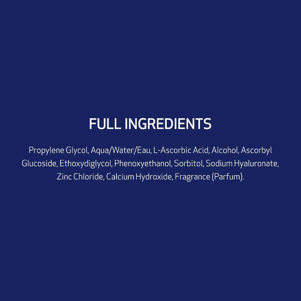 A dark blue square graphic with white text reading 'FULL INGREDIENTS' followed by a list of ingredients including propylene glycol, aqua/water/eau, L-ascorbic acid, alcohol, ascorbyl glucoside, ethoxydiglycol, phenoxyethanol, sorbitol, sodium hyaluronate, zinc chloride, calcium hydroxide, and fragrance (parfum).