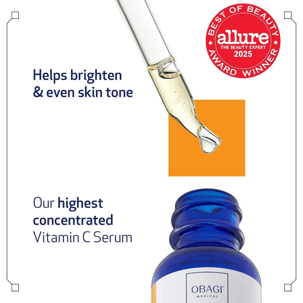 OBAGI Vitamin C Serum with dropper and text highlighting benefits, set against a white background.