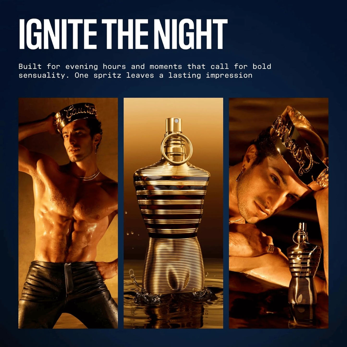 A perfume bottle shaped like a male torso stands in the center against a dark blue background, with two side panels showing a shirtless man wearing a crown and holding a smaller version of the bottle. Large text at the top reads 'IGNITE THE NIGHT' with descriptive copy below.