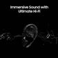 Black promotional graphic with white text reading 'Immersive Sound with Ultimate Hi-Fi' above a stylized white dotted ear silhouette and soundwave on a black background.