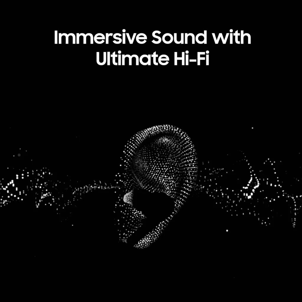 Black promotional graphic with white text reading 'Immersive Sound with Ultimate Hi-Fi' above a stylized white dotted ear silhouette and soundwave on a black background.