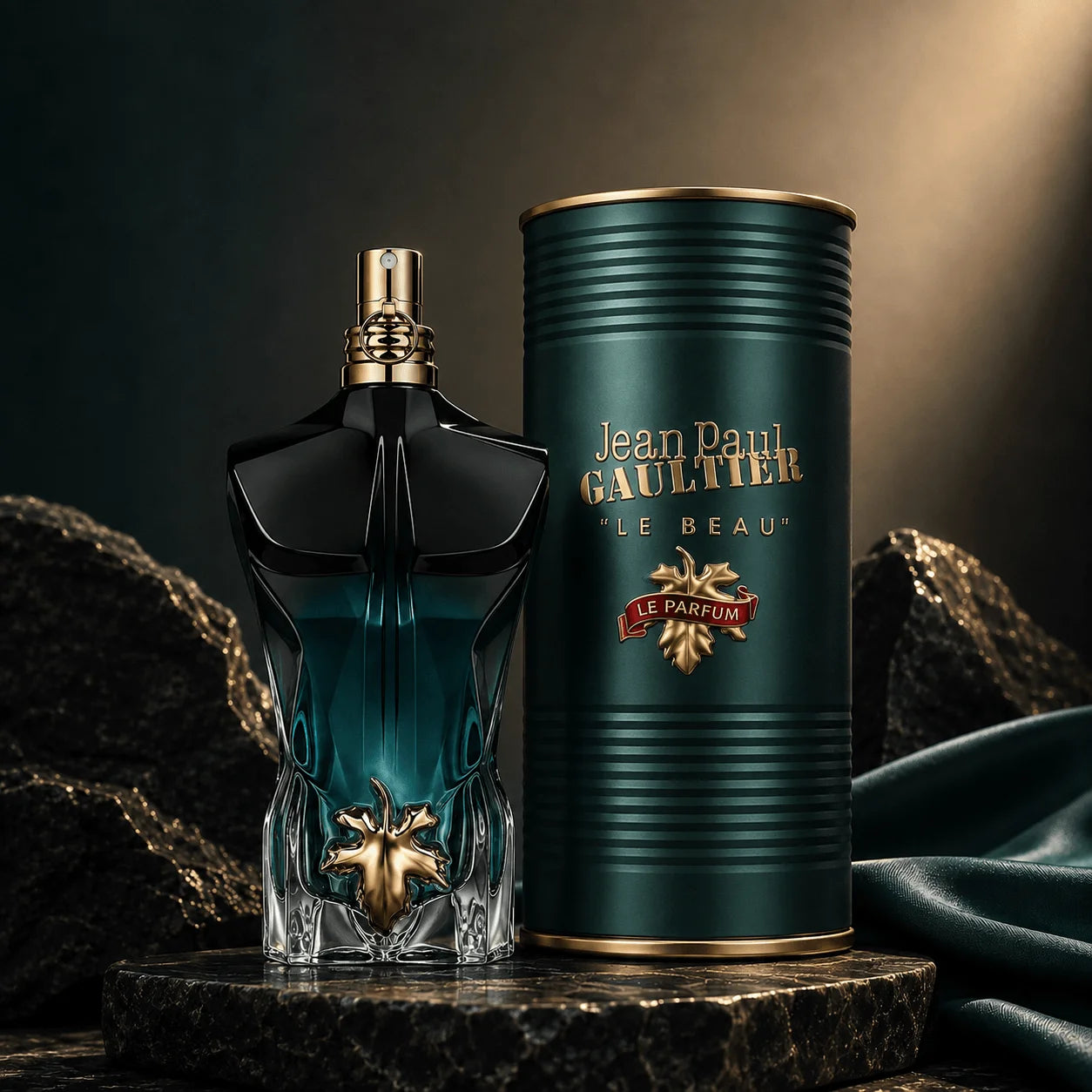 Jean Paul Gaultier Le Beau Le Parfum perfume bottle with a dark teal and black body, gold spray top, and gold leaf detail, displayed next to its dark green cylindrical box with gold lettering on a marble pedestal.