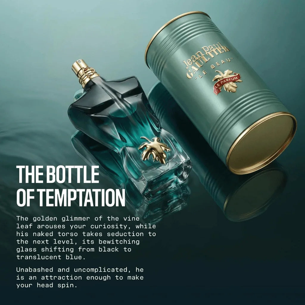 Perfume bottle and packaging with text on a dark background